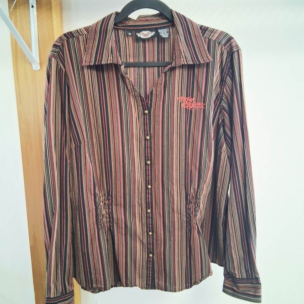 Harley Davidson Women's Longsleeve Fitted Blouse Striped Plus Size 1W Cotton EUC